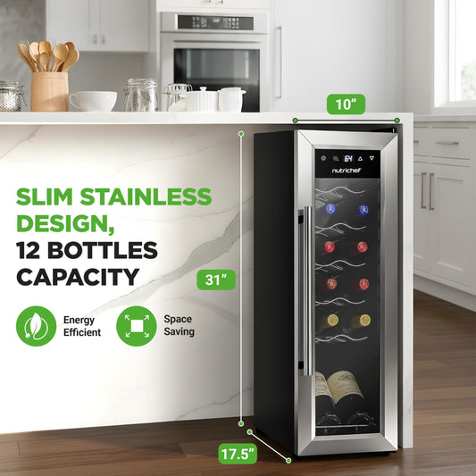 Nutrichef 12 Bottle Wine Fridge – Stainless Steel